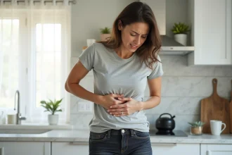 Femme tenant son côté droit du ventre avec une expression de douleur dans une cuisine moderne
