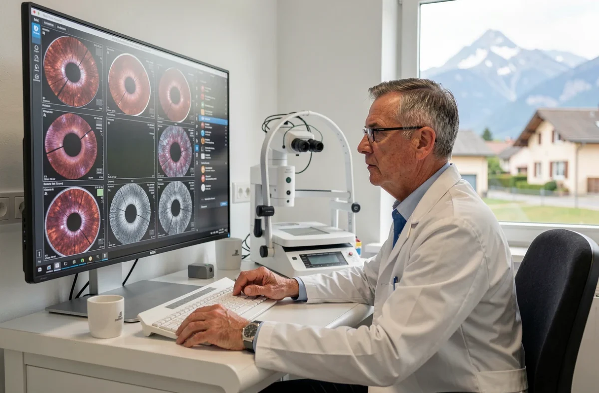 Dr Khayi Hafide, ophtalmologue à Metz-Tessy, consultant des images rétiniennes avec un patient