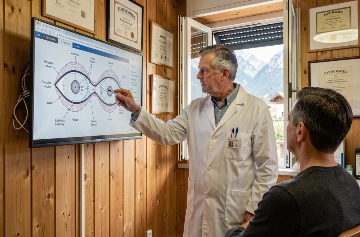 Dr Moyenin Patrice, ophtalmologue à Faverges, expliquant un diagnostic visuel à son patient