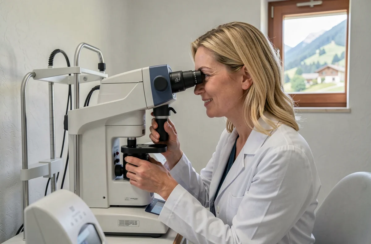 Dr Nikolova Yuliana, ophtalmologue à Chêne-en-Semine, mesurant la réfraction d'un patient