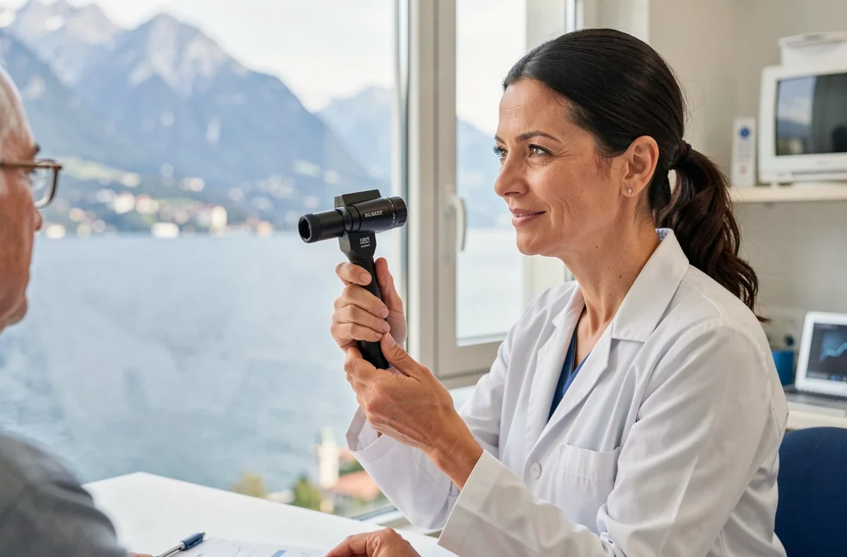 Dr Psatha Vasiliki, ophtalmologue à Évian-les-Bains, en consultation avec une vue sur le lac Léman