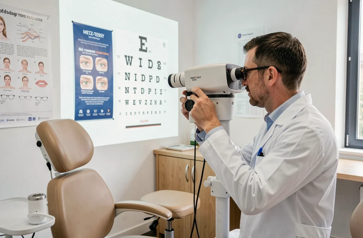 Dr Robin Alexandre, ophtalmologue à Metz-Tessy, réalisant un test d'acuité visuelle avec un patient
