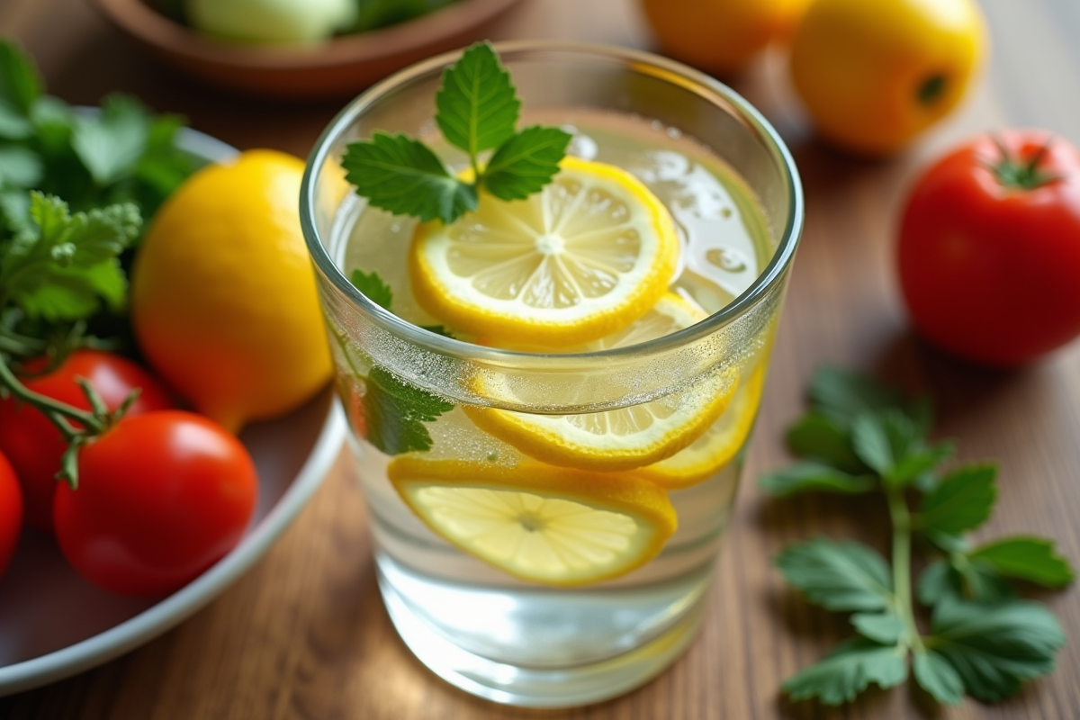 Verre d eau citronnee avec legumes sur table en bois