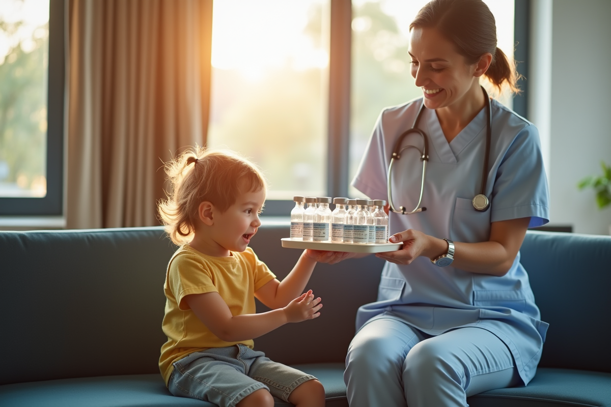 Enfant et adulte se faisant vacciner dans une salle d