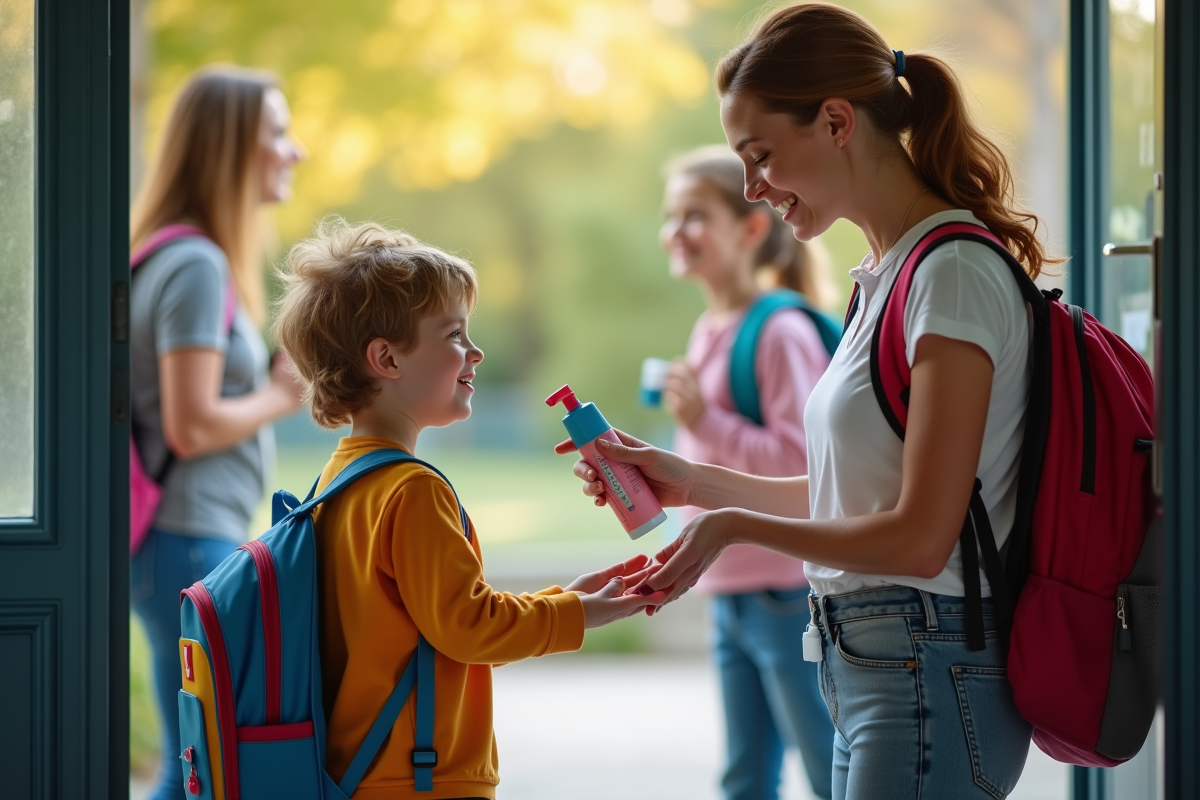 Parent désinfectant les mains de son enfant à l école