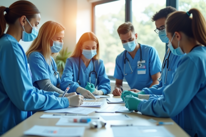 Professionnels de santé en équipe autour de brochures et vaccins
