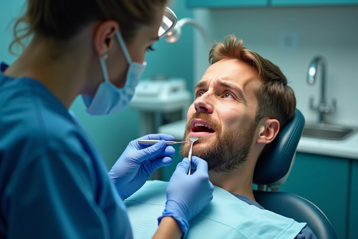 Examen dentaire d'un patient par un dentiste pour détecter des symptômes de cancer de la mâchoire en cabinet