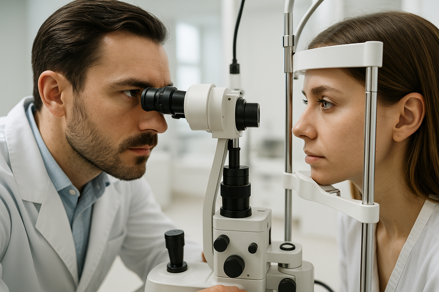 Opticien utilisant un appareil de haute technologie pour vérifier la vue