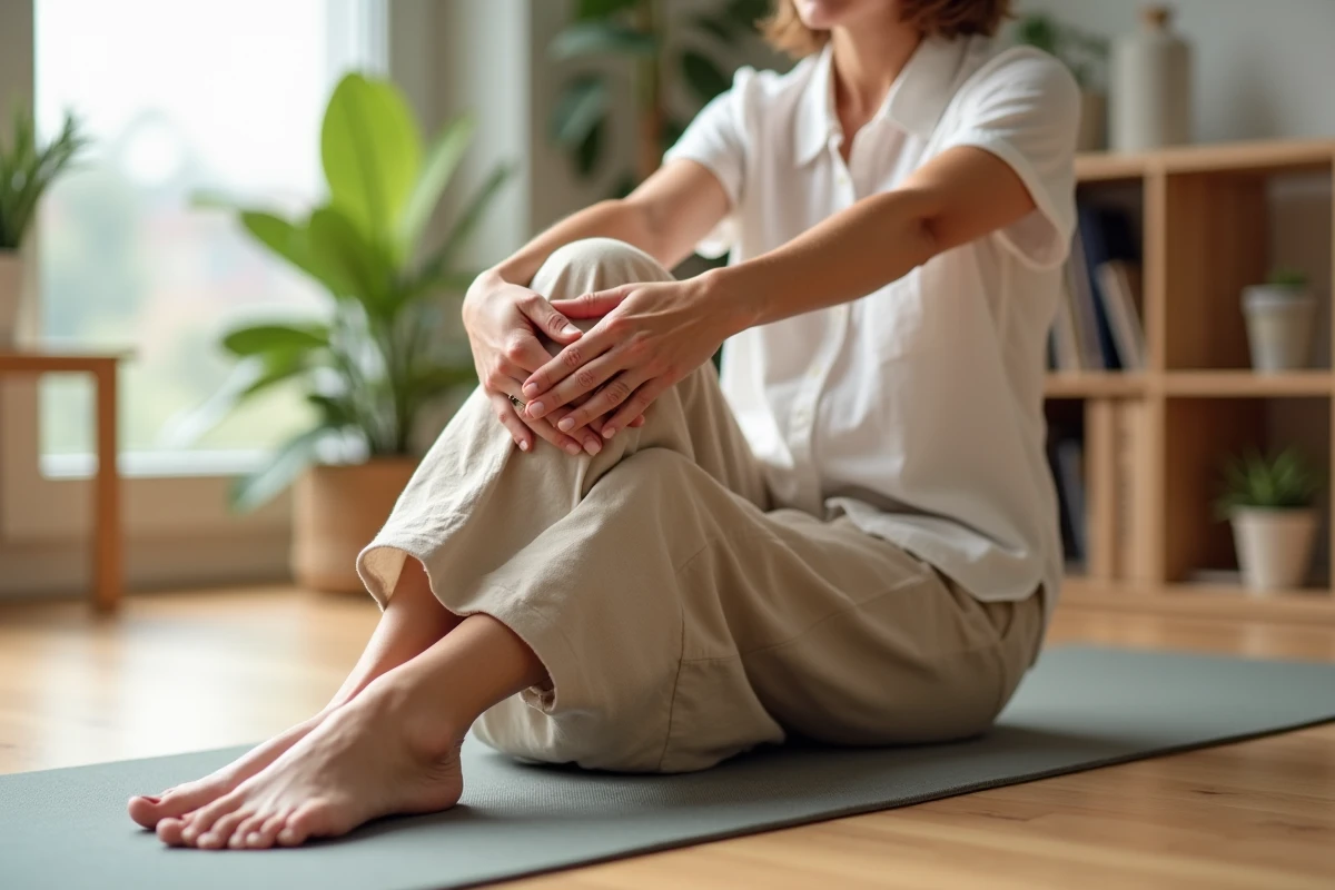 Femme pratiquant des exercices d'étirement naturels pour soulager un kyste poplité à domicile