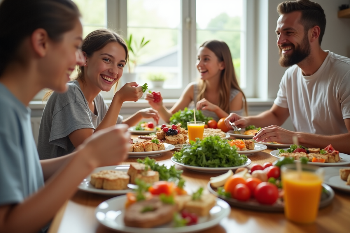 Famille heureuse dégustant un repas équilibré coloré