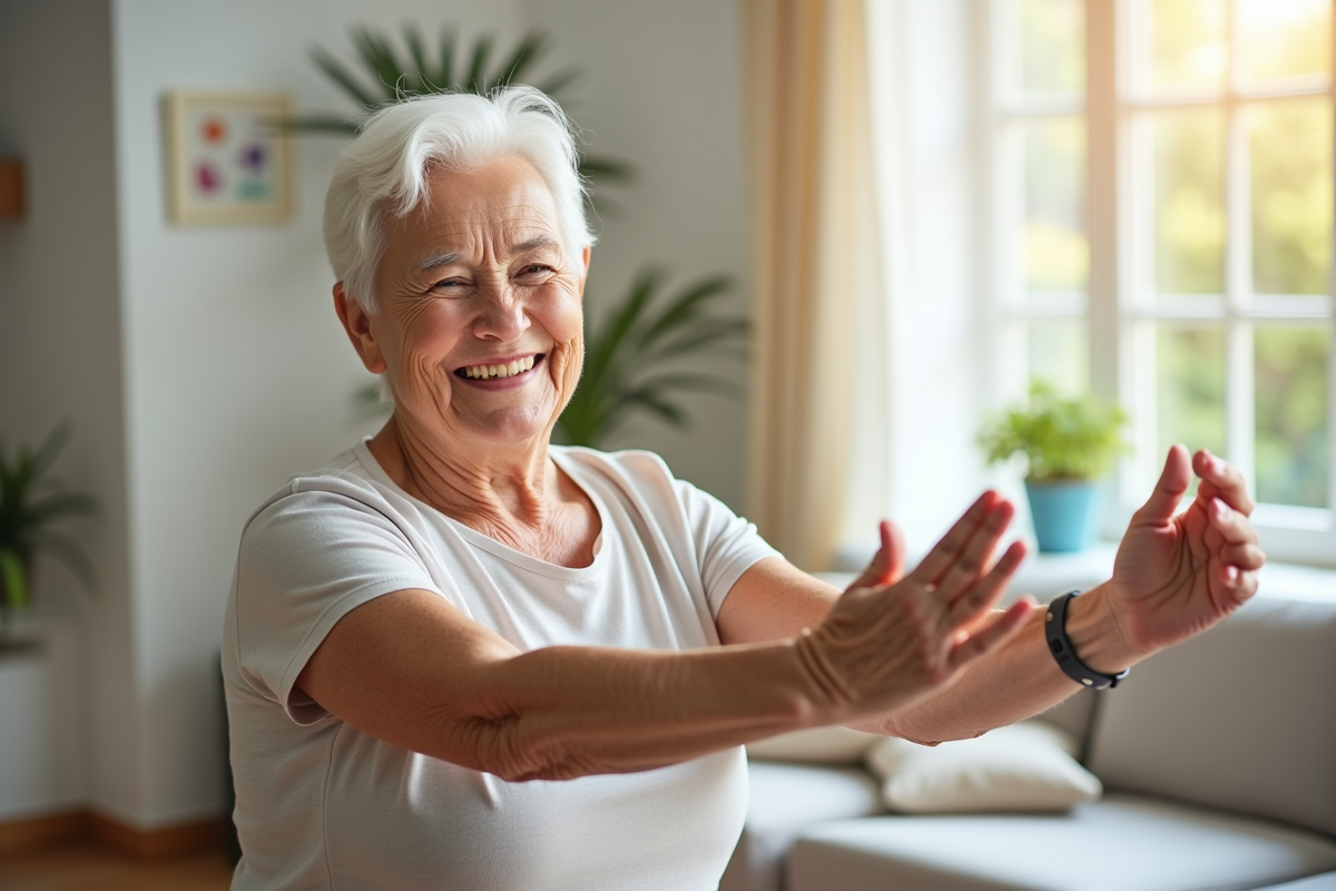 Femme de 90 ans souriante faisant des étirements dans un salon lumineux
