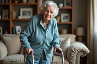 Femme agee utilisant un déambulateur dans un salon chaleureux