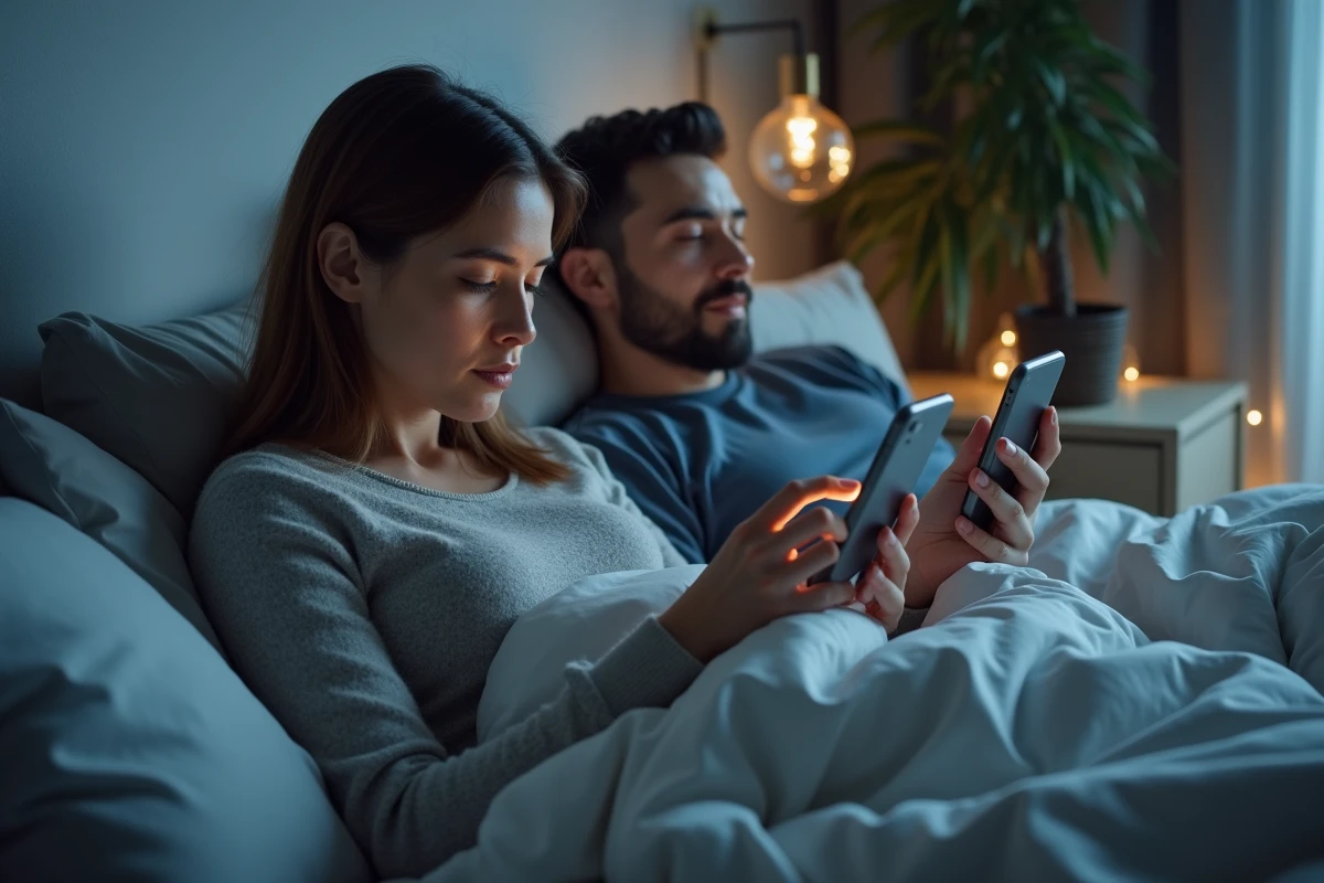 Femme réveillée la nuit consultant une application de suivi du sommeil sur smartphone pendant que son partenaire dort