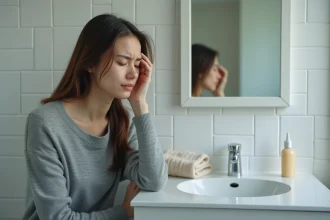 Femme en salle de bain exprimant espoir et douleur