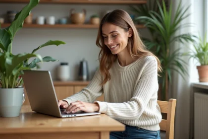 Femme d&eacute;tendue naviguant sur le site Nourix &agrave; la maison