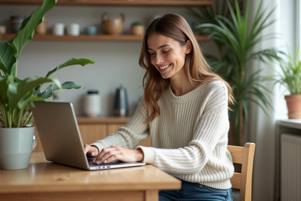 Femme détendue naviguant sur le site Nourix à la maison