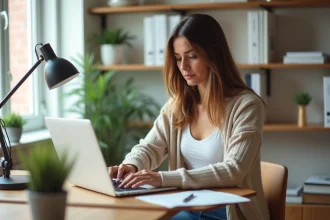 Femme en bureau moderne et lumineux avec ordinateur