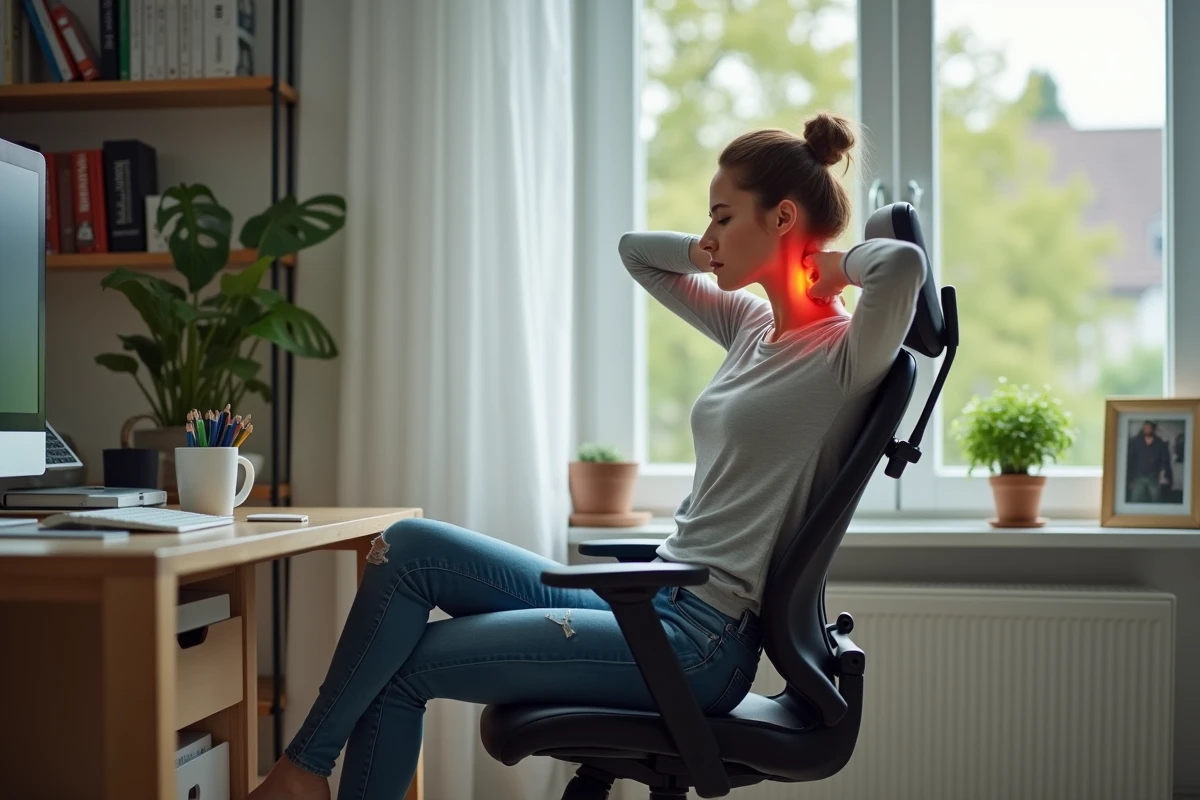 Femme assise dans un bureau moderne avec une posture inconfortable