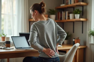 Femme au bureau souffrant de sciatique et travaillant malgré la douleur lombaire