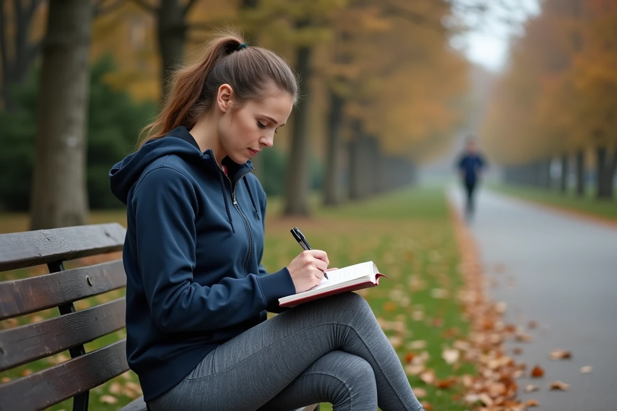 Femme notant ses progrès de santé dans un carnet en plein air, illustrant le suivi d'un objectif de réduction du CDT sans alcool