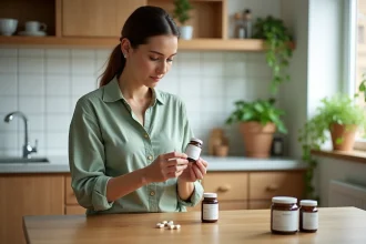 Femme lisant attentivement l'étiquette d'un probiotique dans une cuisine en bois, choisissant le bon complément pour intestin irritable