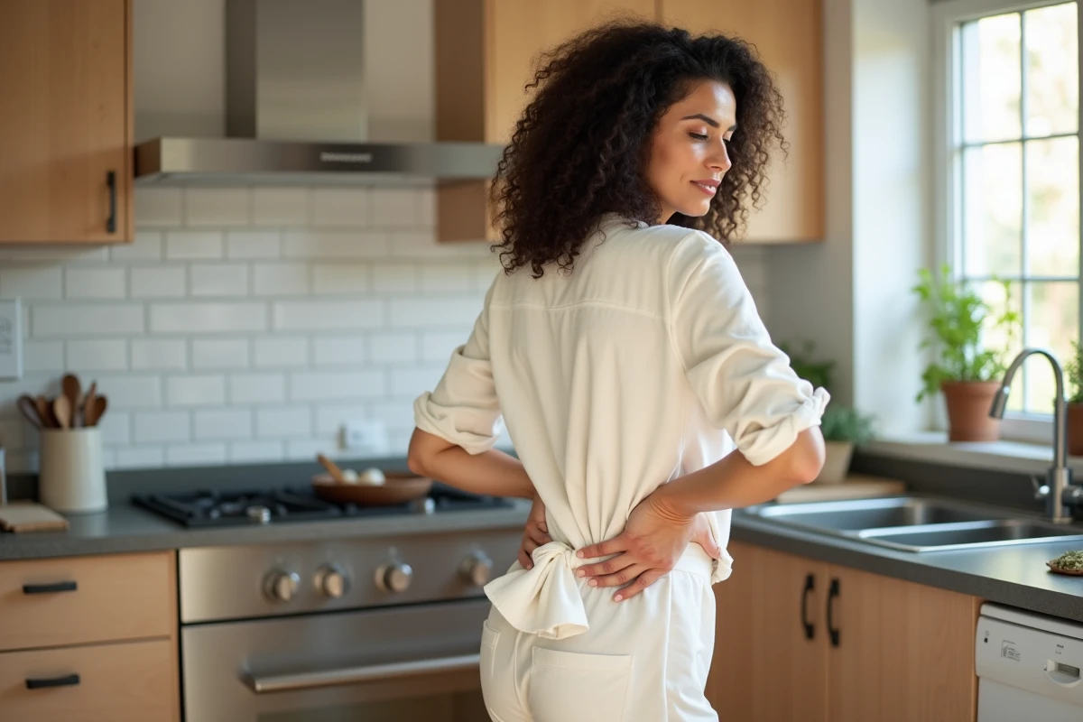 Femme appliquant une compresse chaude maison pour soulager la sciatique en remède de grand-mère