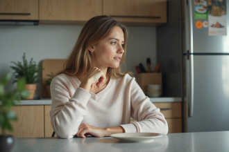 Femme pensant assise à une table de cuisine moderne