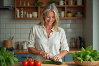 Femme en cuisine coupant des courgettes fraîches