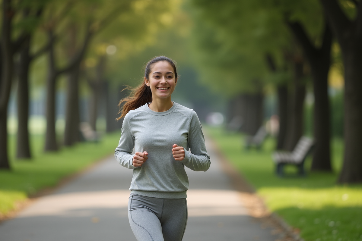 Jeune femme courant dans un parc urbain en automne