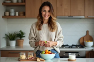 Femme souriante en cuisine en train de verser des fruits