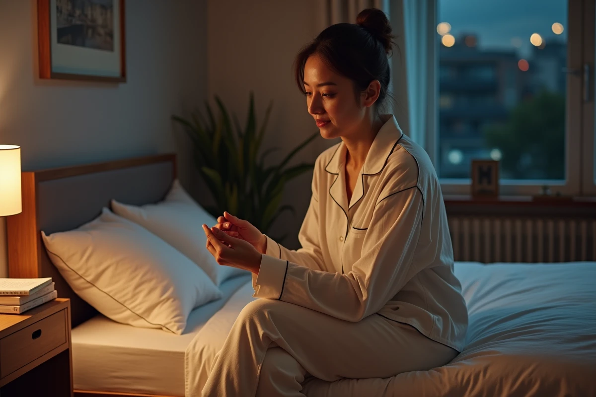 Femme en pyjama coton assise au lit la nuit
