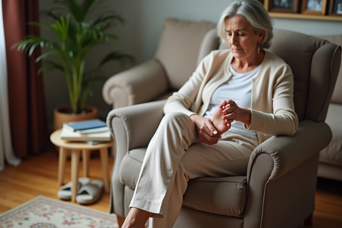 Femme diabetique regarde son pied dans un salon chaleureux
