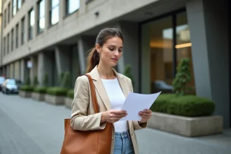 Femme consultant un document devant le bâtiment administratif de la CPAM à Nanterre 92