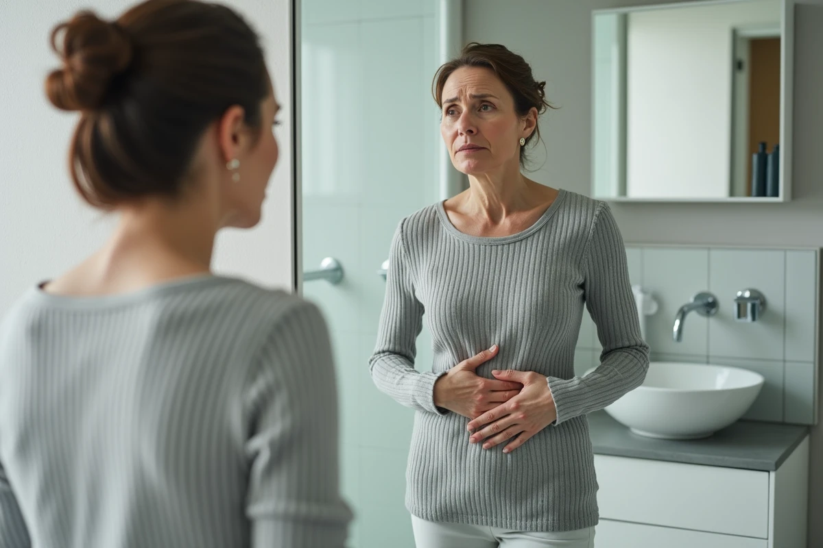Femme devant le miroir de salle de bain tenant son côté droit du ventre, expression inquiète après le repas