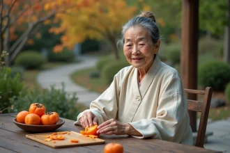 Femme âgée asiatique épluchant un kaki mûr en plein air