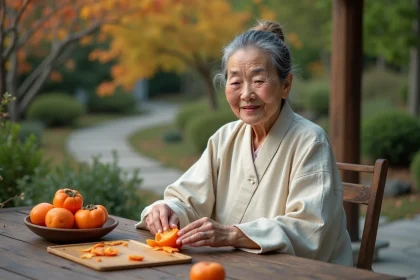 Femme &acirc;g&eacute;e asiatique &eacute;pluchant un kaki m&ucirc;r en plein air