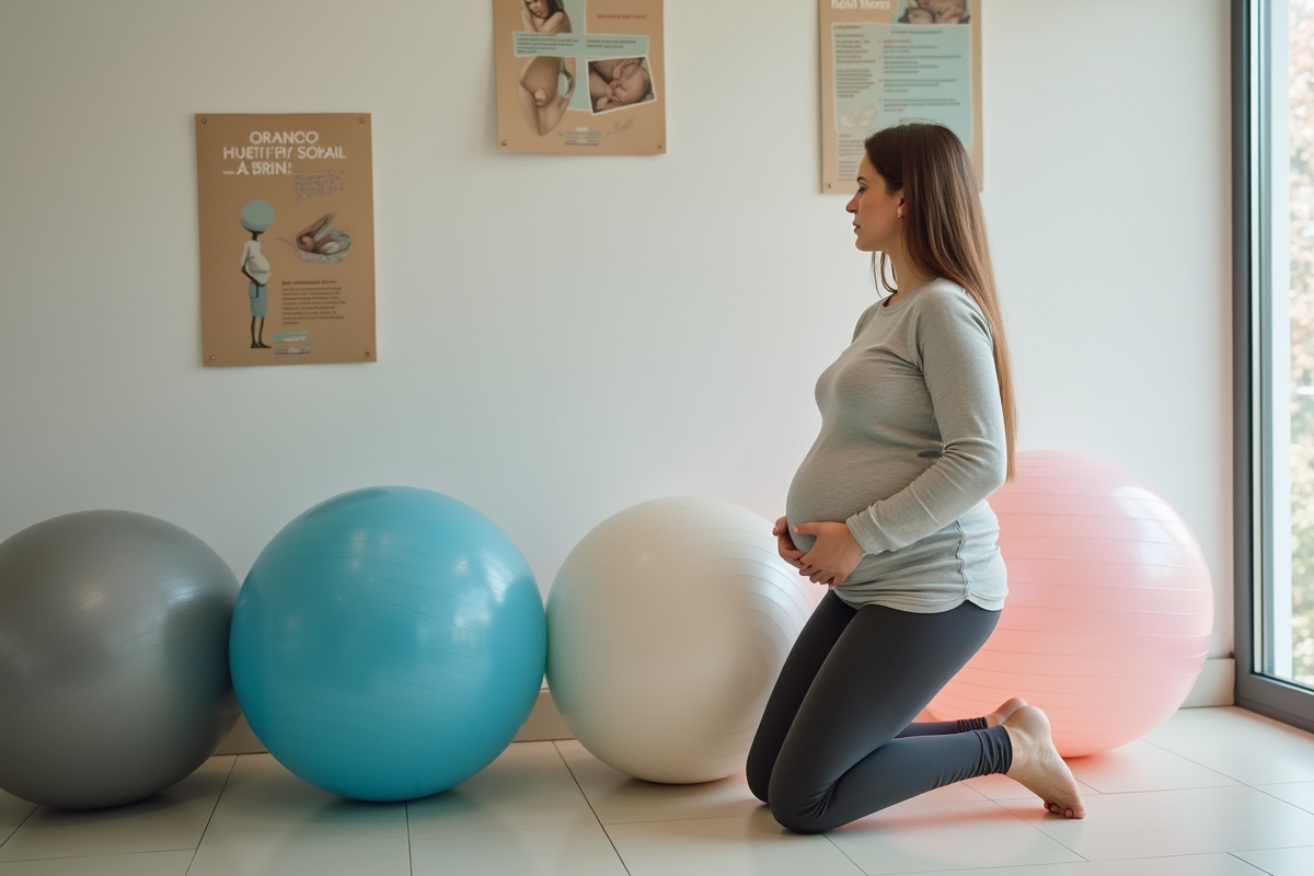 Femme enceinte près de ballons de naissance dans une clinique moderne