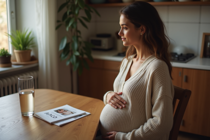 Femme enceinte pensant à la grossesse dans une cuisine chaleureuse