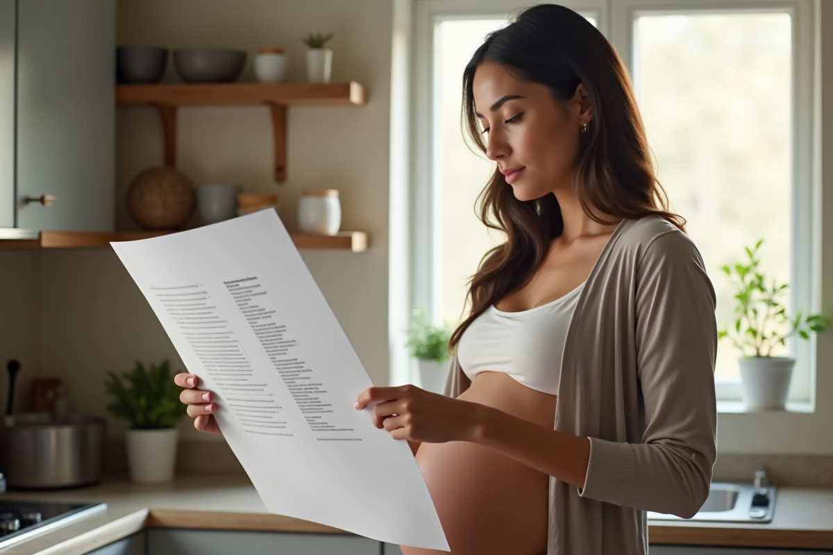 Femme enceinte lisant une liste de restrictions dans la cuisine