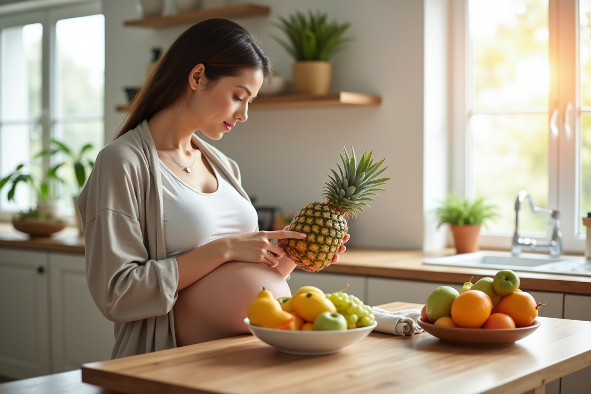 Femme enceinte tenant un bol de fruits frais et examine un ananas