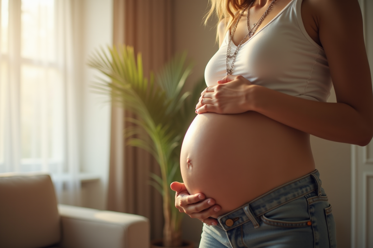 Femme enceinte dans un salon lumineux portant un collier argenté