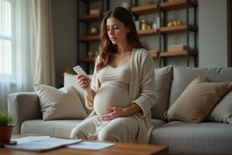 Femme enceinte tenant des médicaments dans un salon