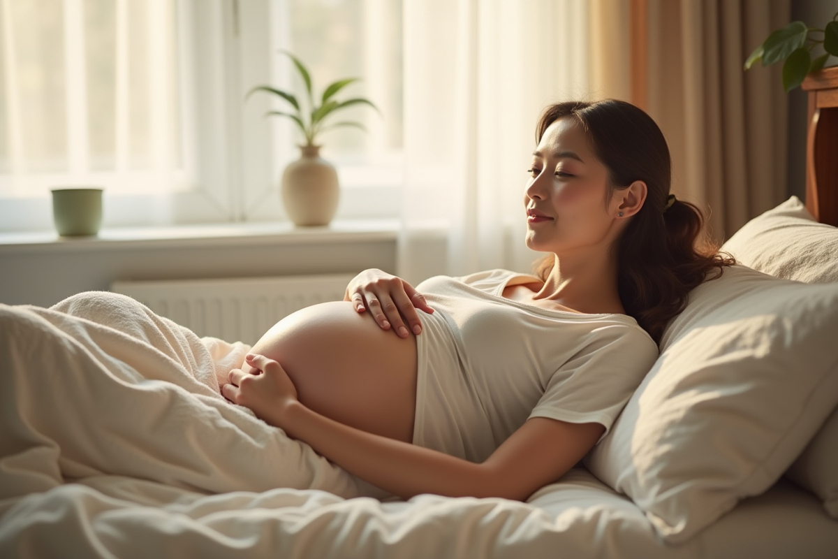Femme enceinte reposant dans un lit lumineux et confortable
