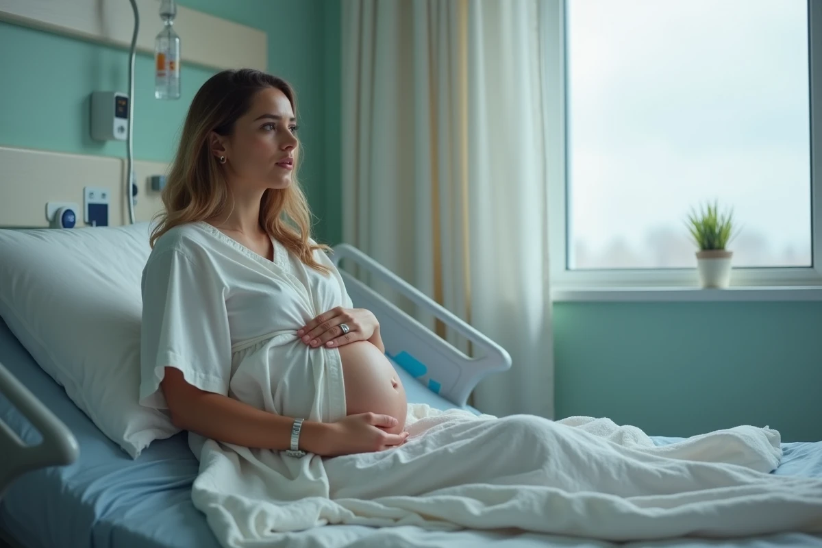 Femme enceinte assise dans une salle d'hôpital avec expression préoccupée