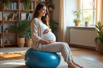 Femme enceinte assise sur ballon de maternité dans un salon chaleureux