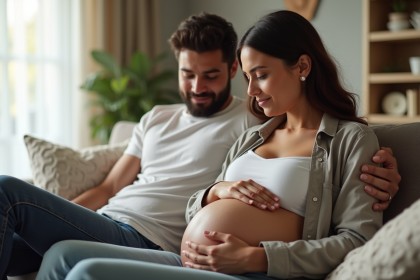 Femme enceinte assise sur un canapé dans un salon lumineux