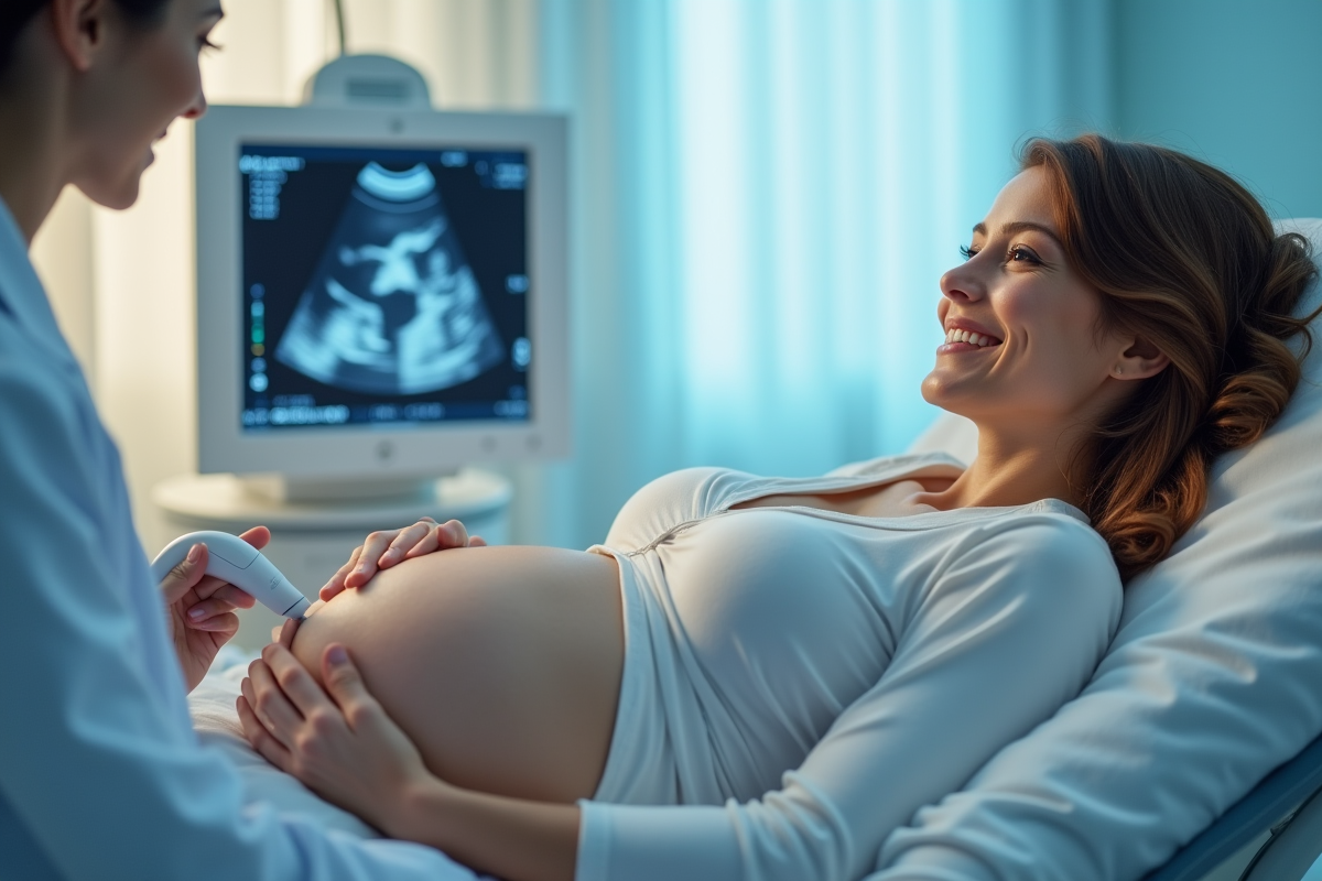 Femme enceinte souriante lors d'une échographie à l'hôpital