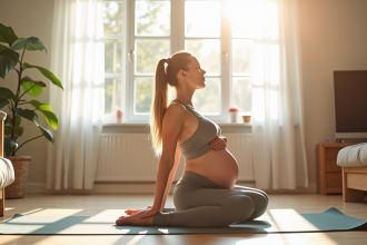Femme enceinte faisant du yoga dans un salon lumineux