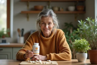 Femme examinant capsules de guggul dans la cuisine