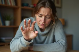 Femme examinant des taches blanches sur ses ongles, assise à un bureau en bois dans un intérieur chaleureux